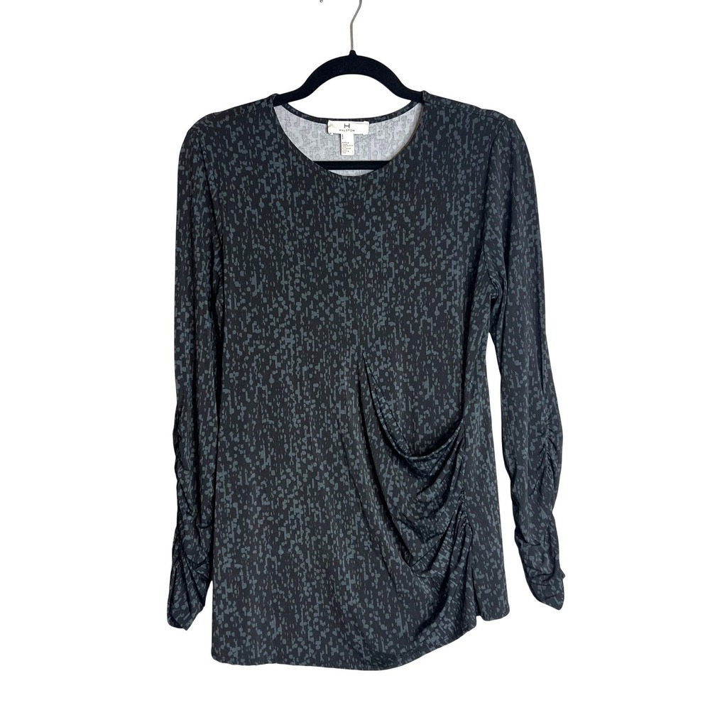 Halston Long Sleeve Jersey Knit Top Sz M Gray Black Abstract Draped Ruched Artsy
